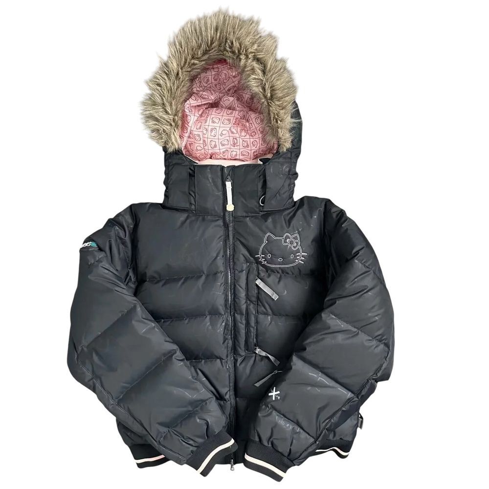RARE Hello Kitty 686 Goose Down Women's Black Hooded Puffer Snow Ski Jacket L